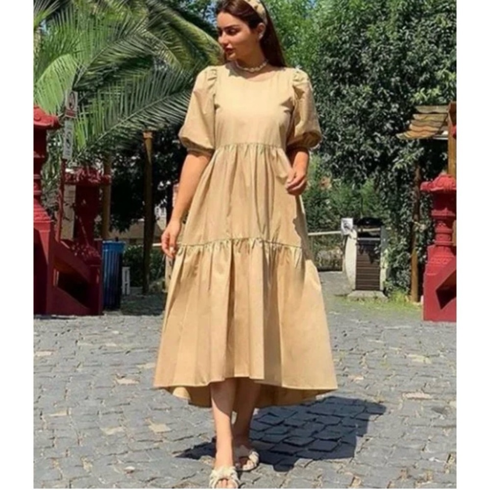 Zara Camel Tan Poplin Tiered Midi Dress Puff Sleeve Asymmetric Hem Pockets S - Picture 6 of 16